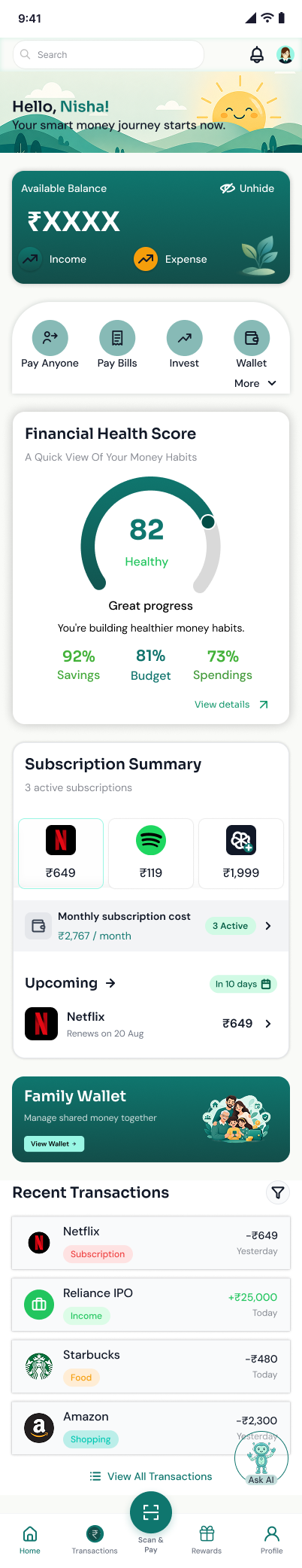 Finora Home Screen